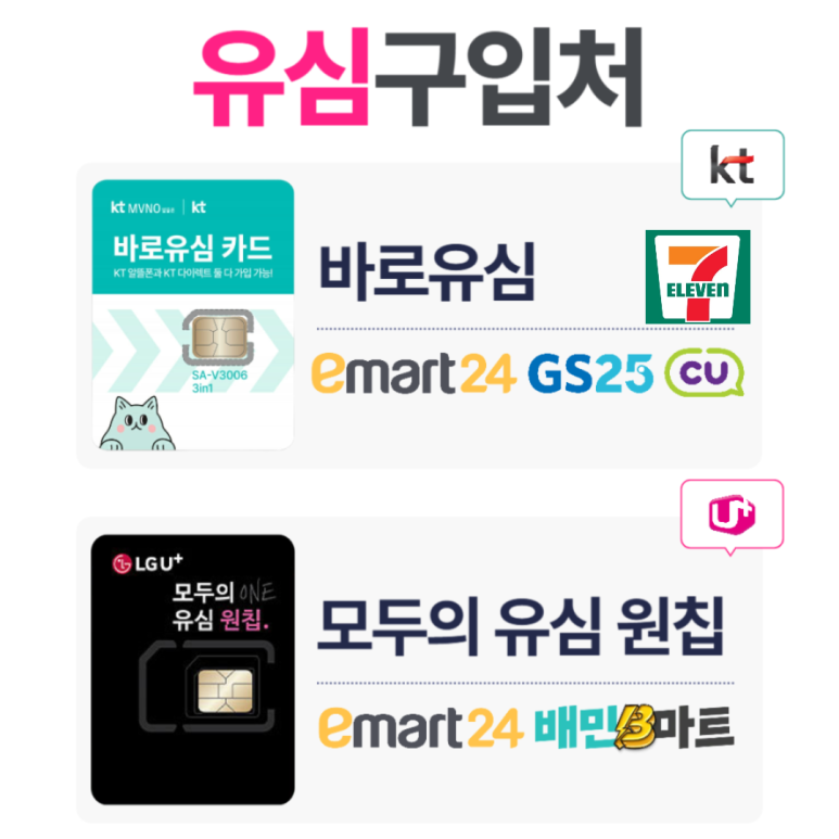KT 유심과 LG 유심 선택 기준 및 유심정보 입력 방법을 설명한 이미지