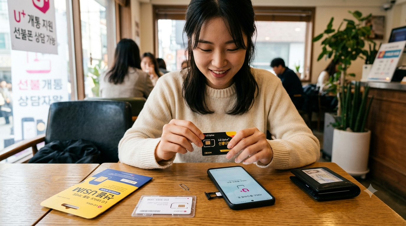 LG선불폰 개통 절차 중 모두의 원칩 유심 뒷면에 표기된 모델코드와 일련번호를 각각 입력하는 화면을 보여주는 스마트폰 이미지입니다.